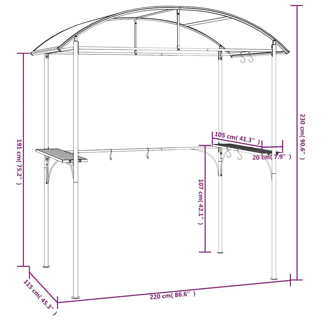 BBQ Gazebo 220x115x230cm Steel Frame with Side Shelves and Hanging Bars for Outdoor Entertaining