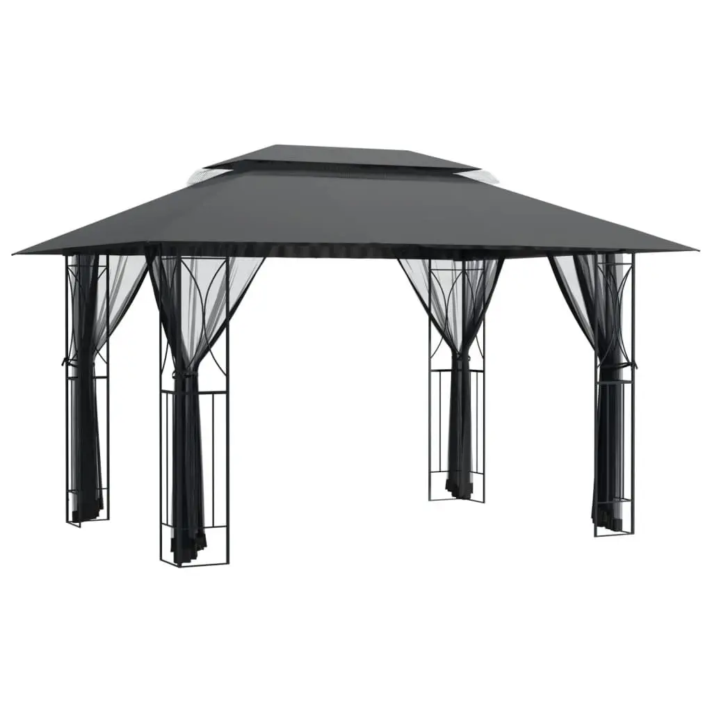 Gazebo 400x300x270 cm Steel Frame Double-Tiered Roof with Mesh Sidewalls Anthracite