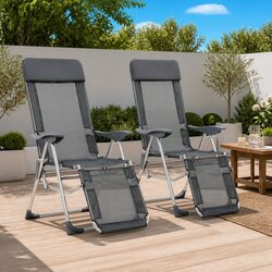 Outdoor Camping Chair Folding with Footrest Reclining Backrest Armrests Grey 2pc