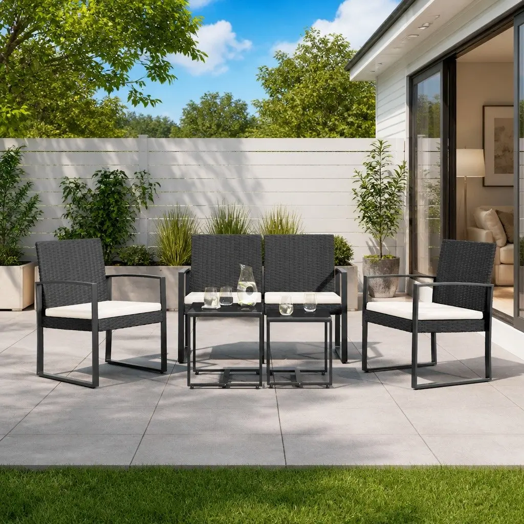 Outdoor Furniture Set 5 Piece Black Rattan Chairs and Table with Padded Cushions for Patios and Gardens