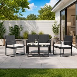 Garden Dining Set 5 Piece Outdoor Furniture Black Rattan Chairs Table Cushions