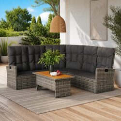 Reclining Corner Sofa Outdoor Garden Seating with Cushions Grey Poly Rattan