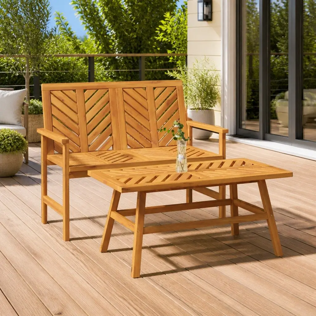 Outdoor Garden Bench 109cm Solid Acacia Wood Chevron Backrest Armrests