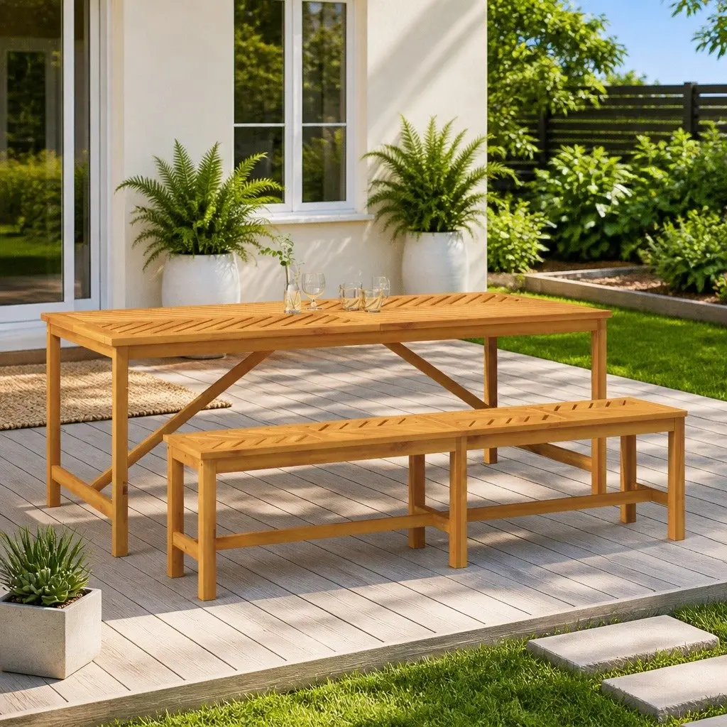 Garden Bench 180cm Solid Acacia Wood Fishbone Pattern Slats Brown Outdoor Seating