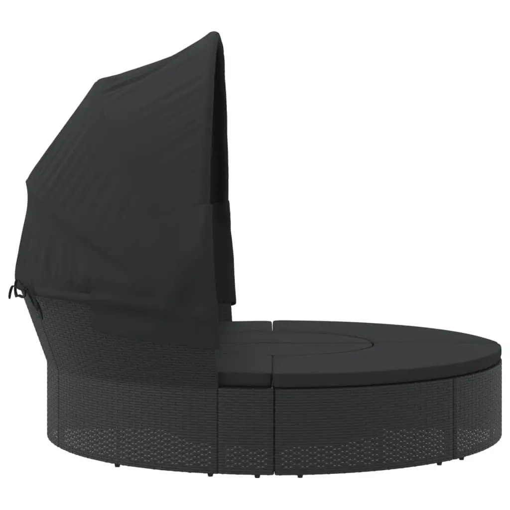 Outdoor Lounge Bed with Canopy Cushions Black Poly Rattan Garden Furniture