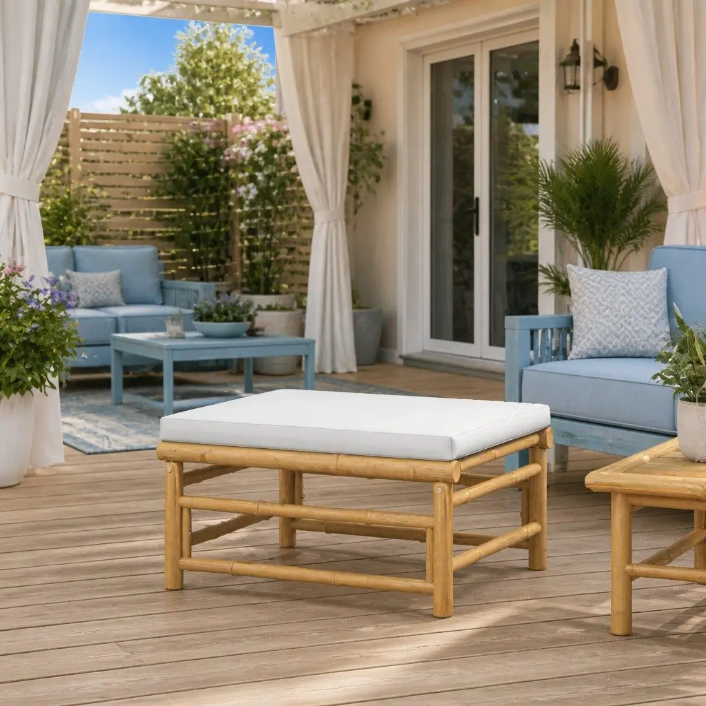 Garden Footstool Bamboo Frame Grey Cushion Portable Outdoor Seating