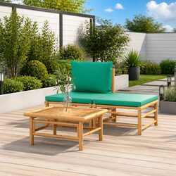 3 Piece Garden Lounge Set Outdoor Sectional Sofa with Green Cushions Bamboo