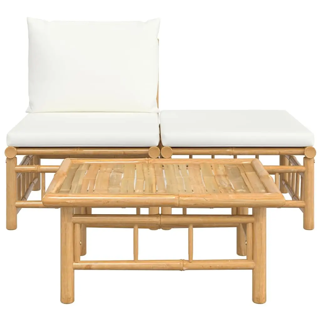 Bamboo Outdoor Lounge Set Cream White Cushions 3 Piece Garden Sofa and Coffee Table