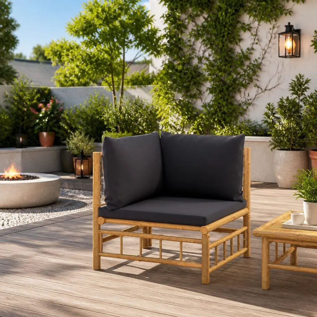 Outdoor Corner Sofa Modular Bamboo Frame with Grey Cushions