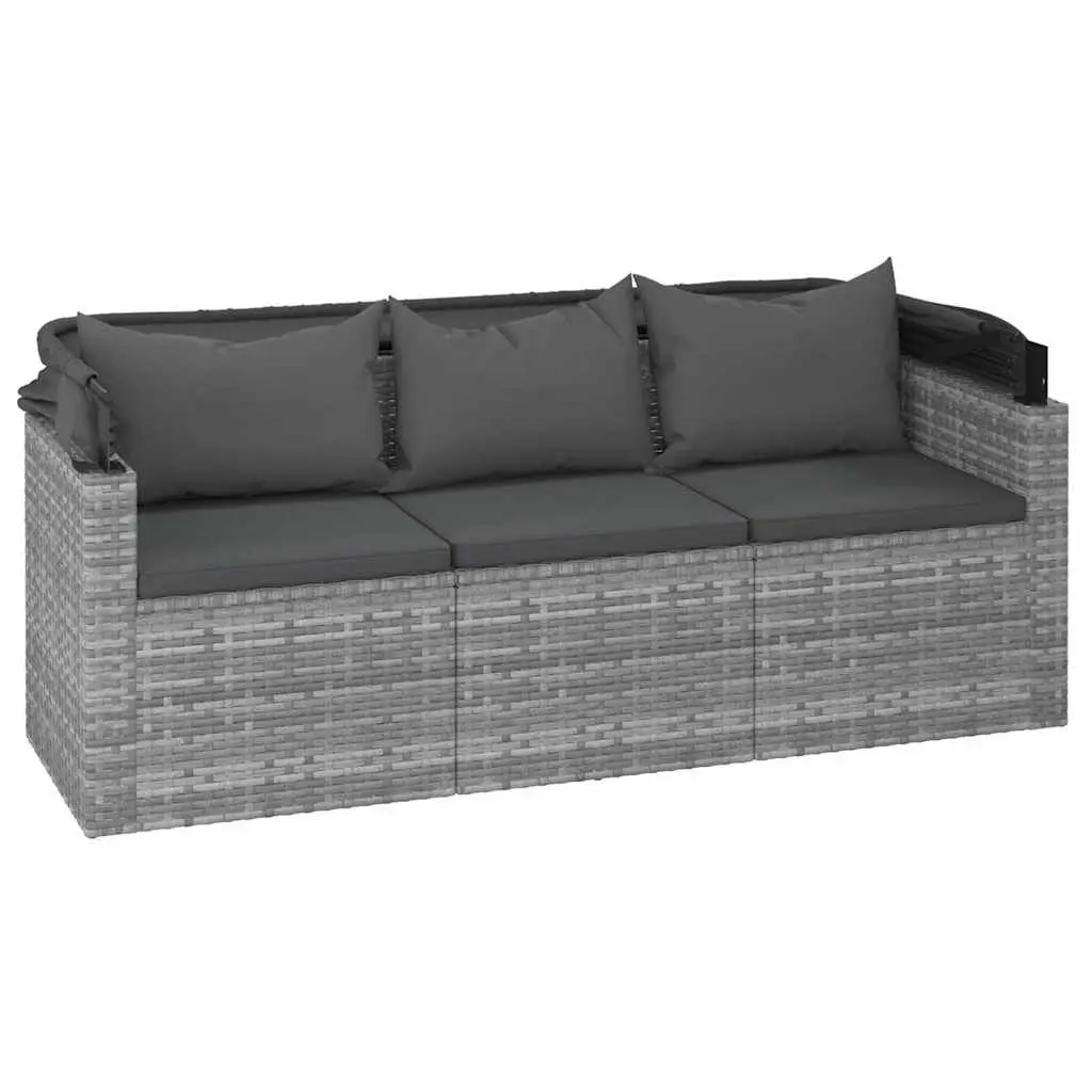 3-Seater Garden Sofa Grey Adjustable Roof Footstool Weather Resistant PE Rattan Powder Coated Steel Frame