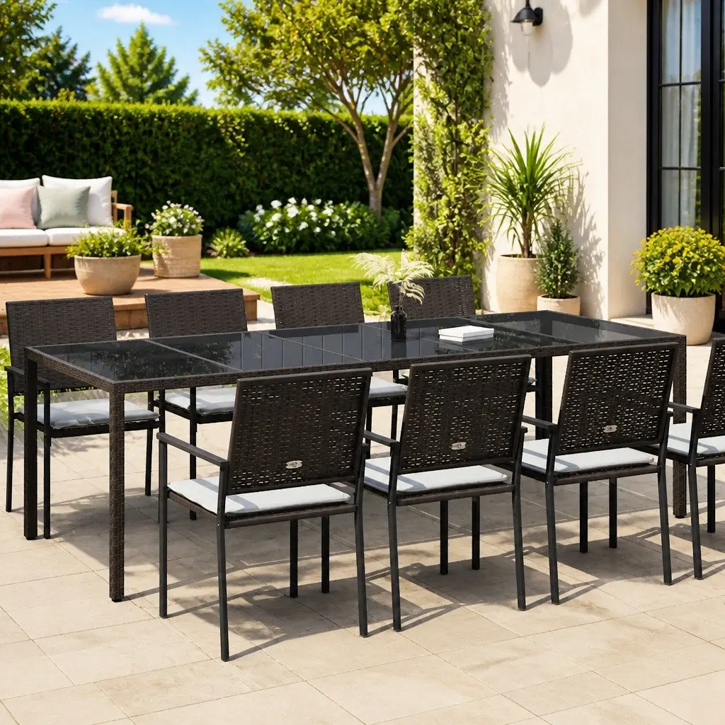 Garden Dining Table 250x100x75cm Brown Outdoor Poly Rattan Steel Frame