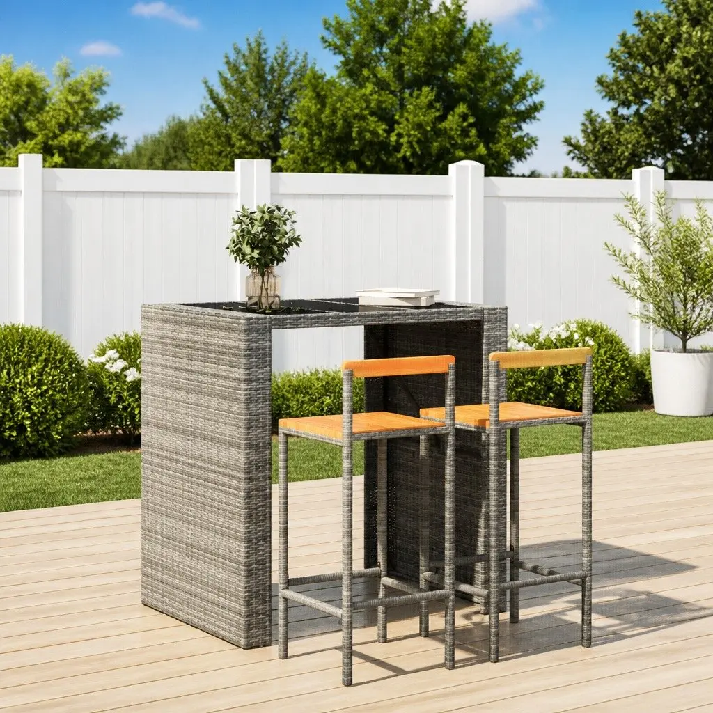 Bar Stools Set of 2 Grey Weather-resistant PE Rattan Wooden Seat Indoor Outdoor Kitchen Counter