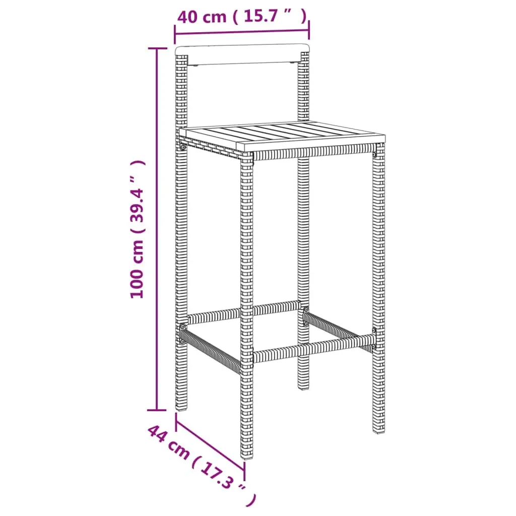 Bar Stools Set of 2 Grey Weather-resistant PE Rattan Wooden Seat Indoor Outdoor Kitchen Counter