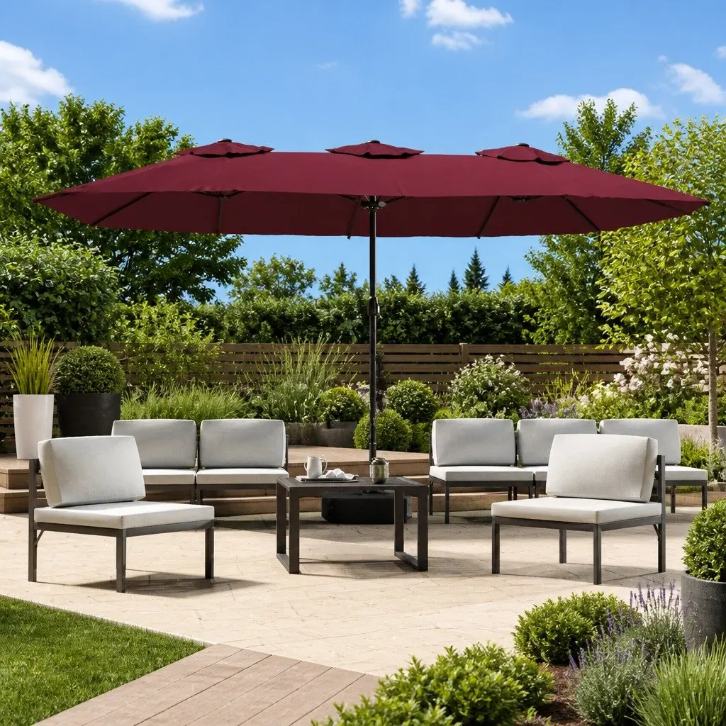 Double-Head Garden Parasol 449x265cm with LED Lights UV-Protective Canopy Red