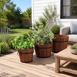 3 Piece Wooden Bucket Planter Set Garden Pots with Metal Handles for Flowers