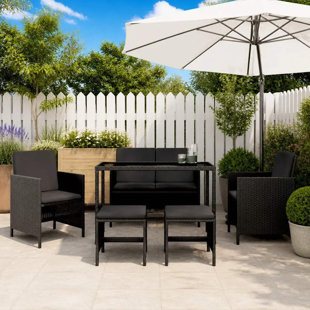 Garden Dining Set 6 Piece Black Poly Rattan Outdoor Furniture with Cushions