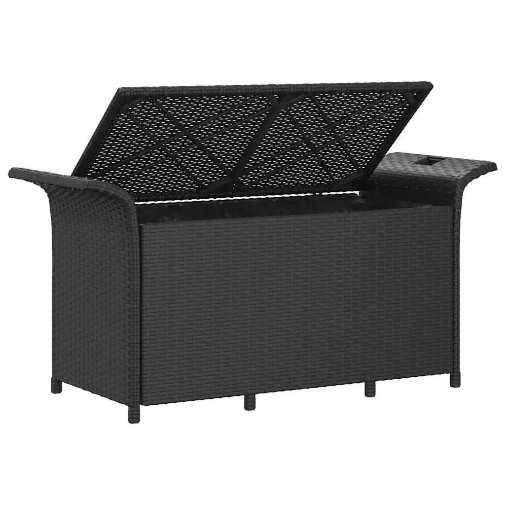 Outdoor Garden Bench with Storage Black Poly Rattan Cushioned Seat