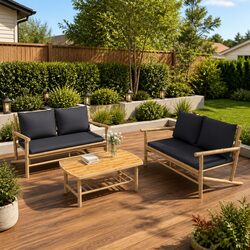 Bamboo Garden Bench with Grey Cushions Outdoor Patio Seating Backrest