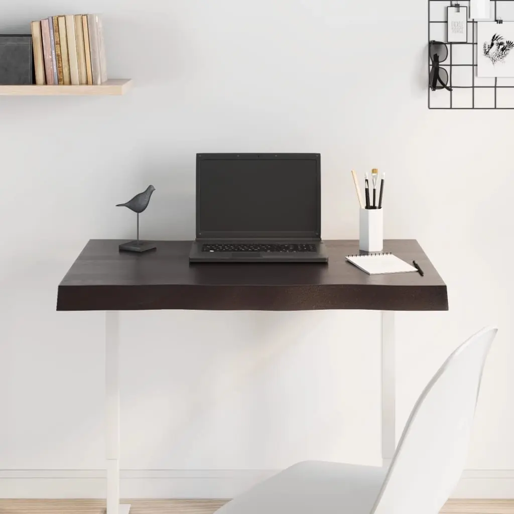 Solid Oak Wood Tabletop 80x60cm Handcrafted Live Edge Dark Brown