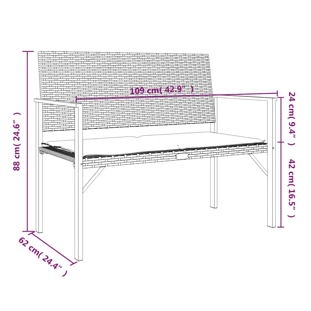 2-Seater Garden Bench Black PE Rattan Weather Resistant with Cushion
