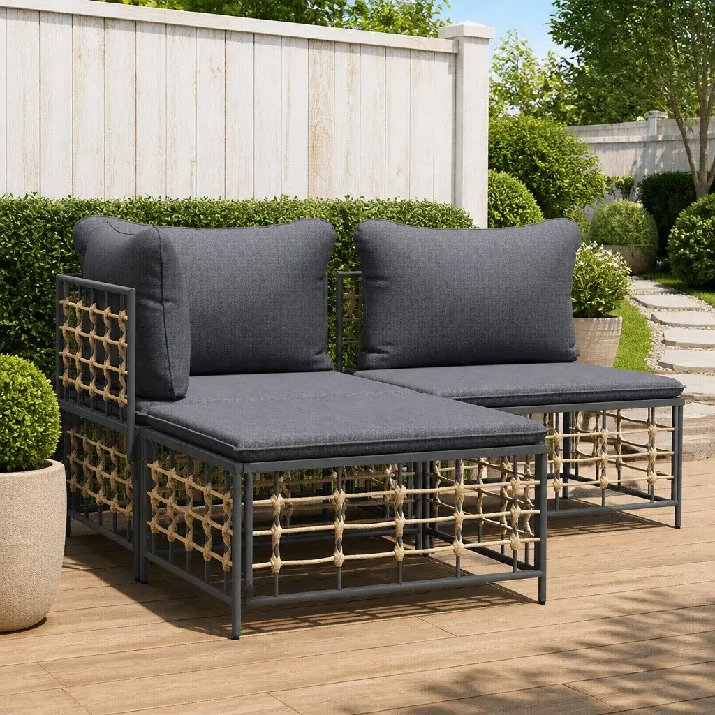 Garden Footstool Ottoman Outdoor Sectional Seat Anthracite Weather-Resistant PE Rattan with Thickly Padded Cushion