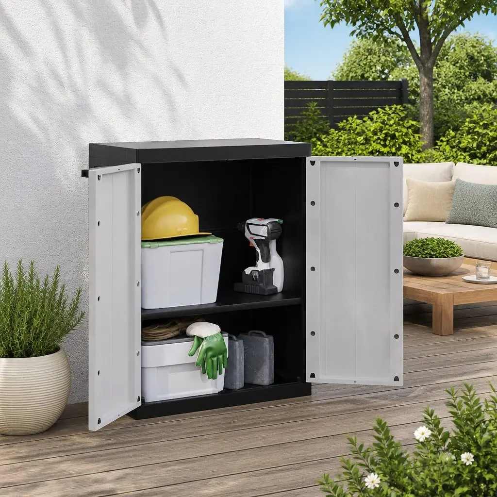 Outdoor Storage Cabinet 65x37x85cm Grey Black Lockable Adjustable Shelves Weather-resistant