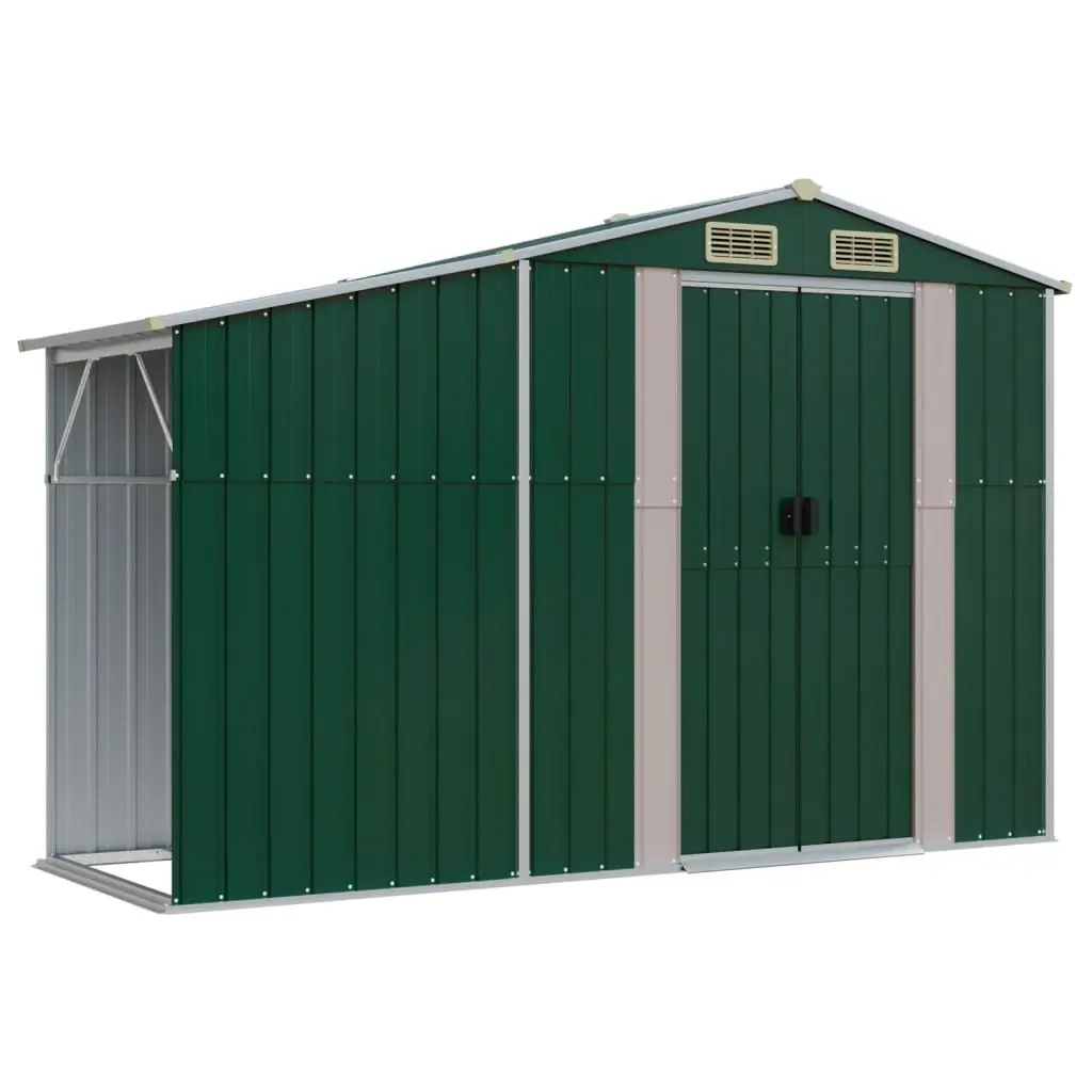 Garden Shed Green Metal Outdoor Storage with Firewood Stand Ventilation Sloping Roof