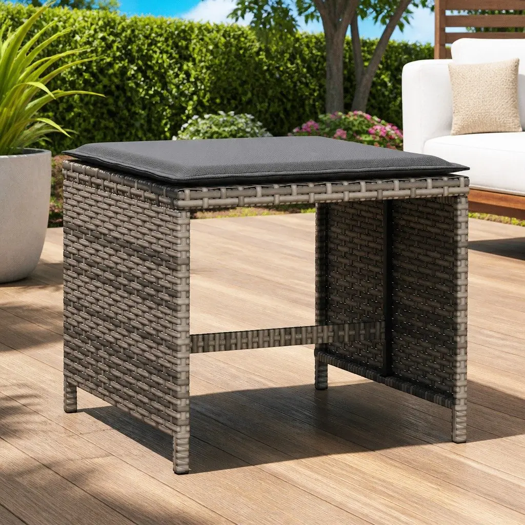 Garden Stools 4 pcs Grey Cushioned Outdoor Foot Rests PE Rattan Seats
