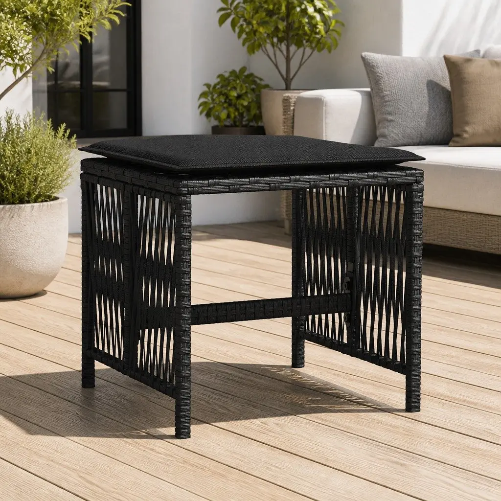 Garden Stools 41 x 41 x 36 cm Set of 4 Black Outdoor Foot Rests with Cushions Poly Rattan Seating