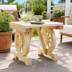 Outdoor Garden Footstool Ottoman Brown Solid Wood Fir Patio Seating Wagon Wheel