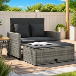 2-Seater Garden Sofa Bed Grey Poly Rattan Outdoor Furniture with Cushions
