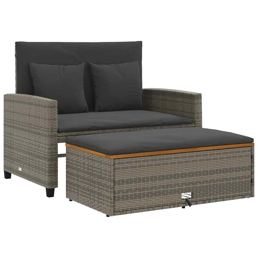 2-Seater Garden Sofa Bench with Cushions Grey Poly Rattan Acacia Wood Outdoor