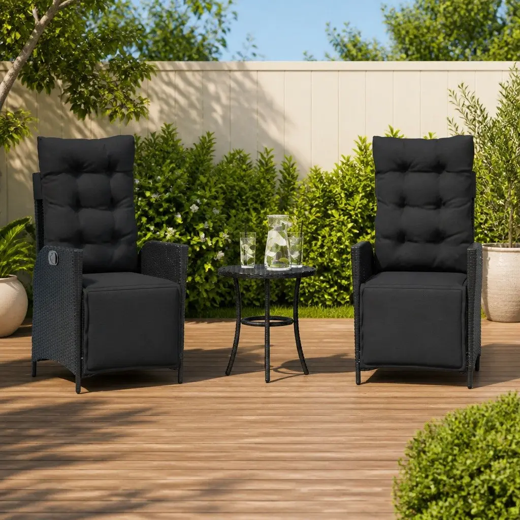 3 Piece Bistro Set Outdoor Patio Furniture Adjustable Backrest Cushions Black Poly Rattan