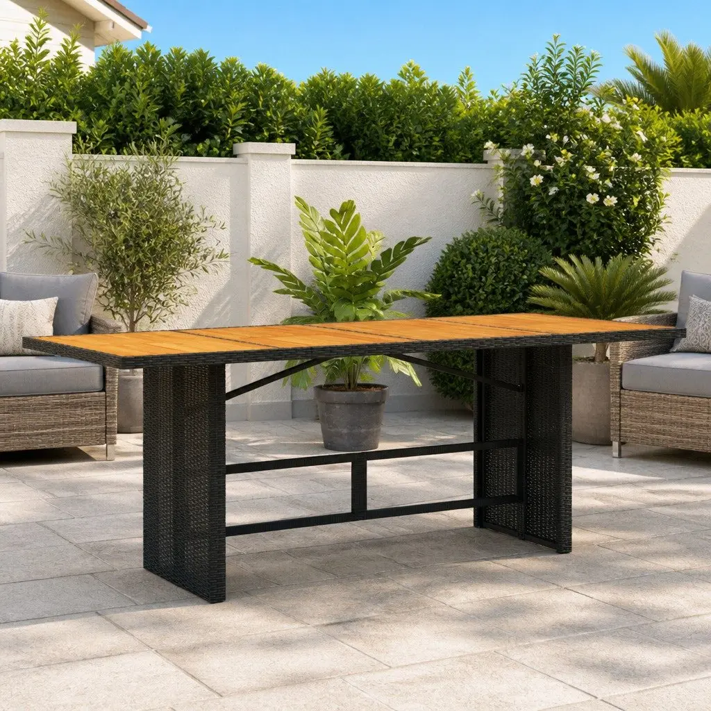Garden Outdoor Dining Table 190cm Black Poly Rattan Frame Wooden Top