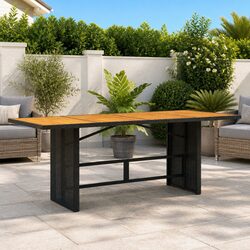 Garden Outdoor Dining Table Black Poly Rattan Frame Wooden Top Patio Furniture
