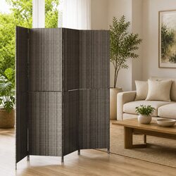 Room Divider 4 Panels Grey Poly Rattan Privacy Screen Folding Partition Indoor