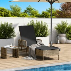 Sun Lounger Grey Poly Rattan Adjustable Backrest Outdoor Garden Patio Lounging
