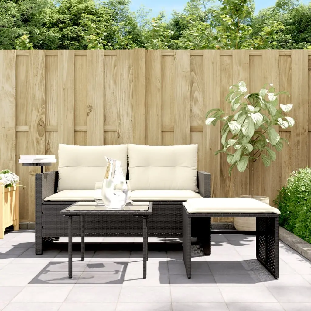 Outdoor Sofa Set 3 Piece Black PE Rattan with Cushions and Height Adjustable Side Table
