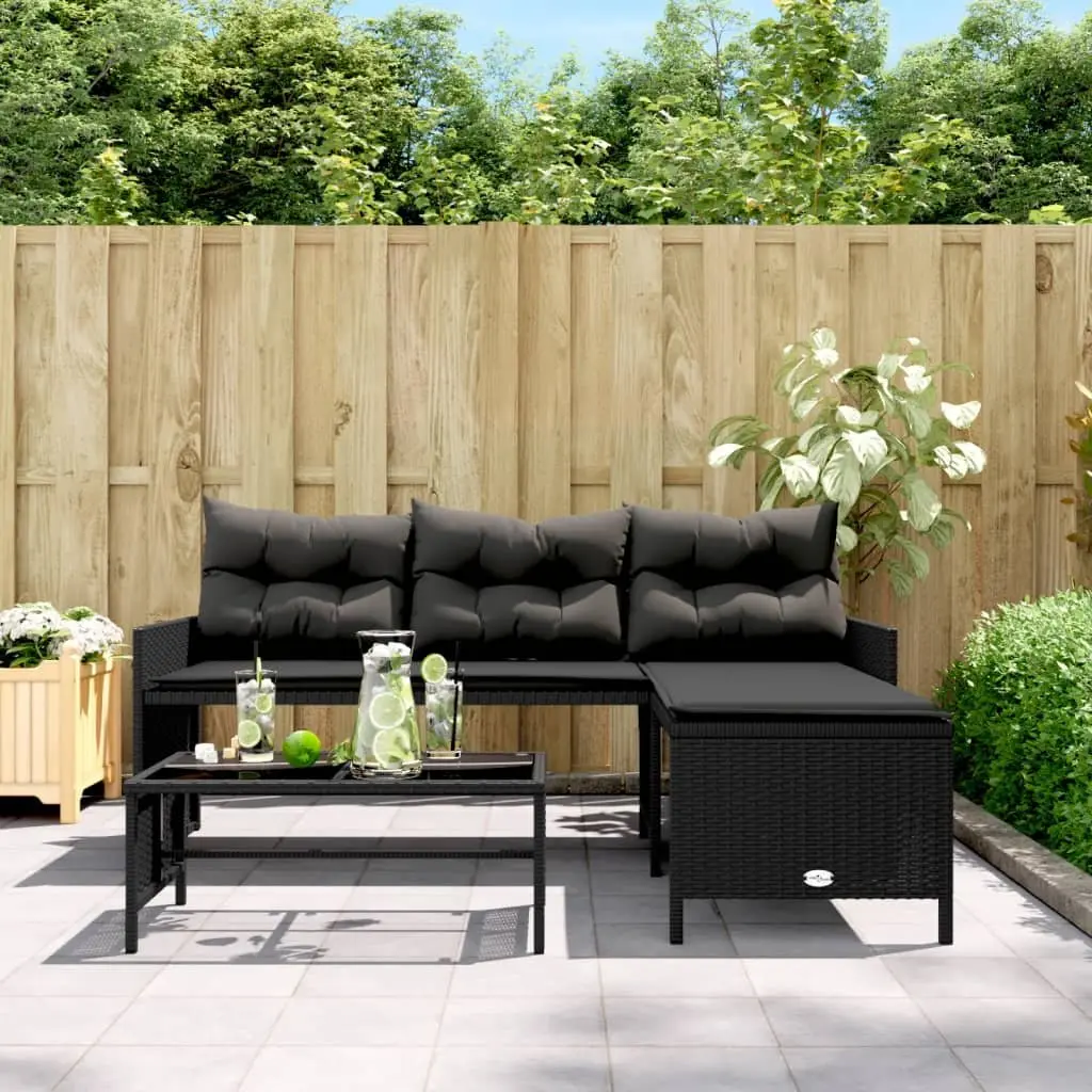 L Shaped Outdoor Sofa Set Black Poly Rattan with Cushions and Table for Garden Patio