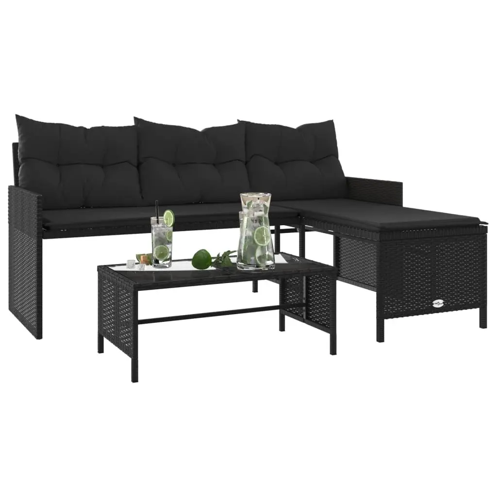 L Shaped Outdoor Sofa Set Black Poly Rattan with Cushions and Table for Garden Patio