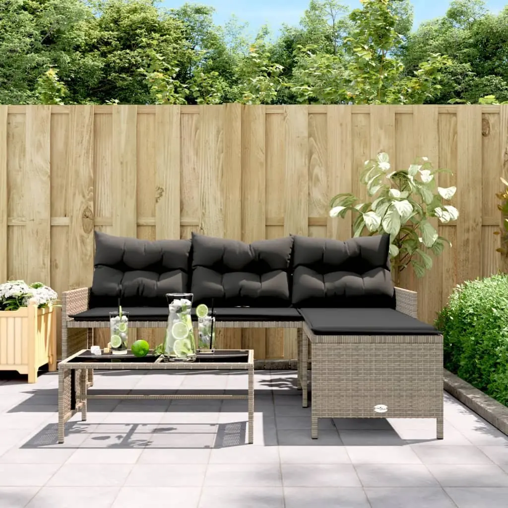 L-Shaped Garden Sofa Set Grey PE Rattan with Table and Cushions Outdoor Patio