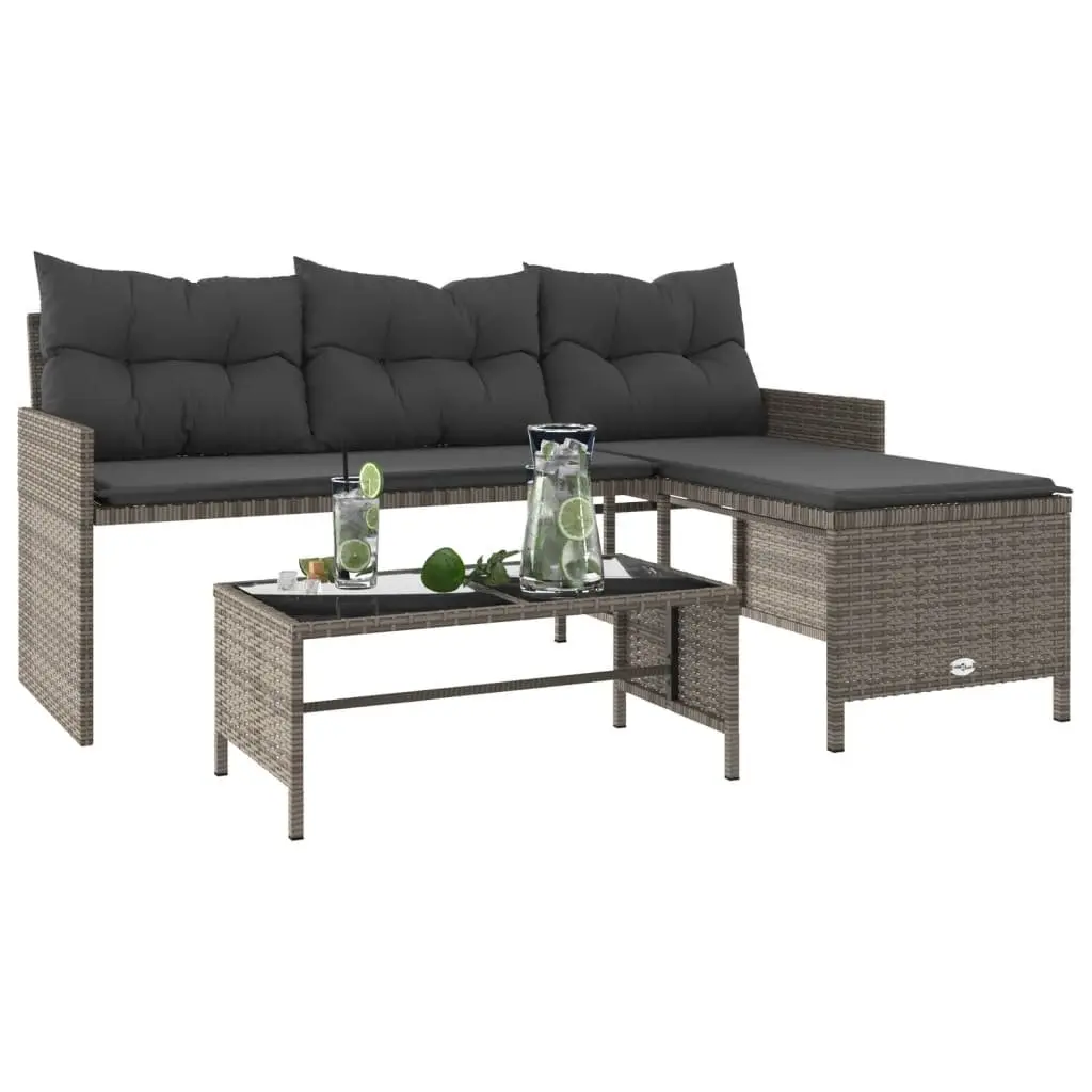 L-Shaped Garden Sofa Set Grey PE Rattan with Table and Cushions Outdoor Patio