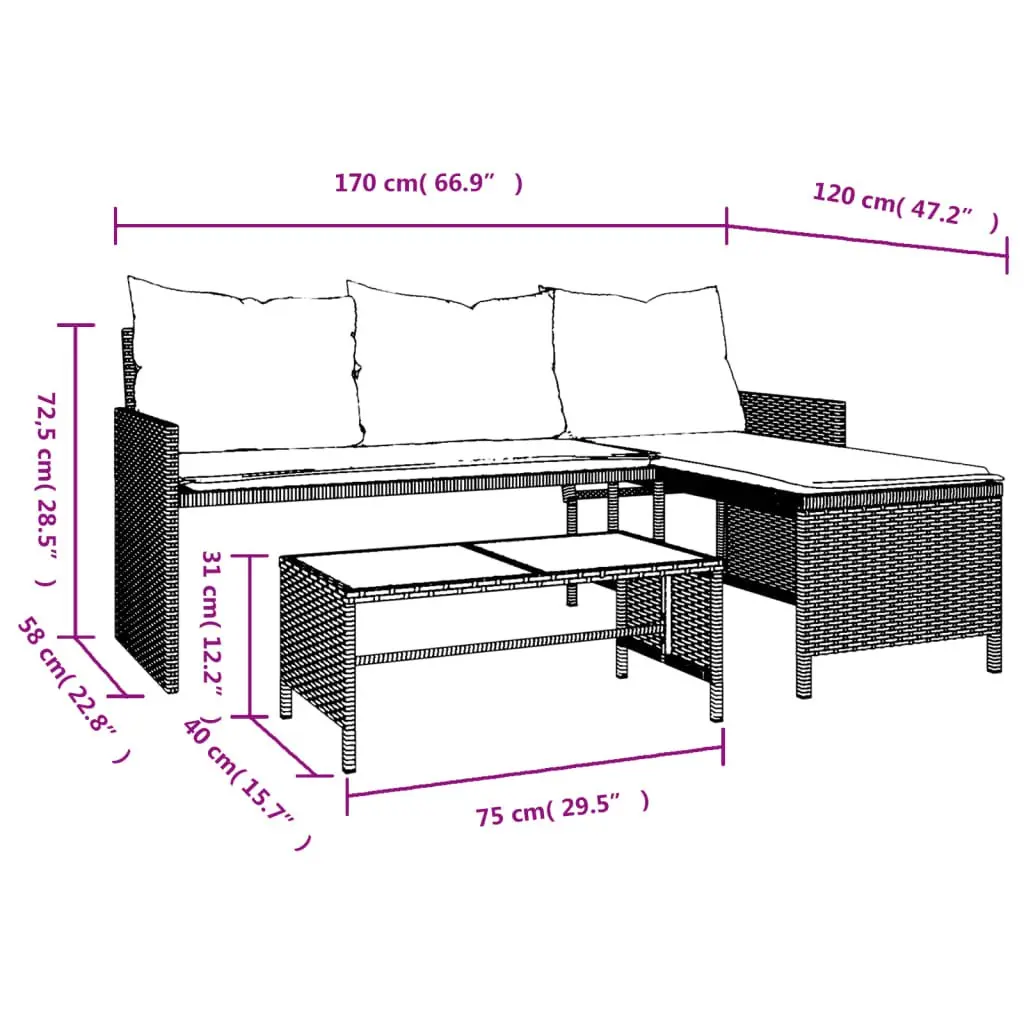 L-Shaped Garden Sofa Set Grey PE Rattan with Table and Cushions Outdoor Patio