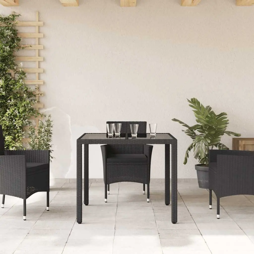Garden Table 90x90x75cm Glass Top Black Poly Rattan Outdoor Furniture