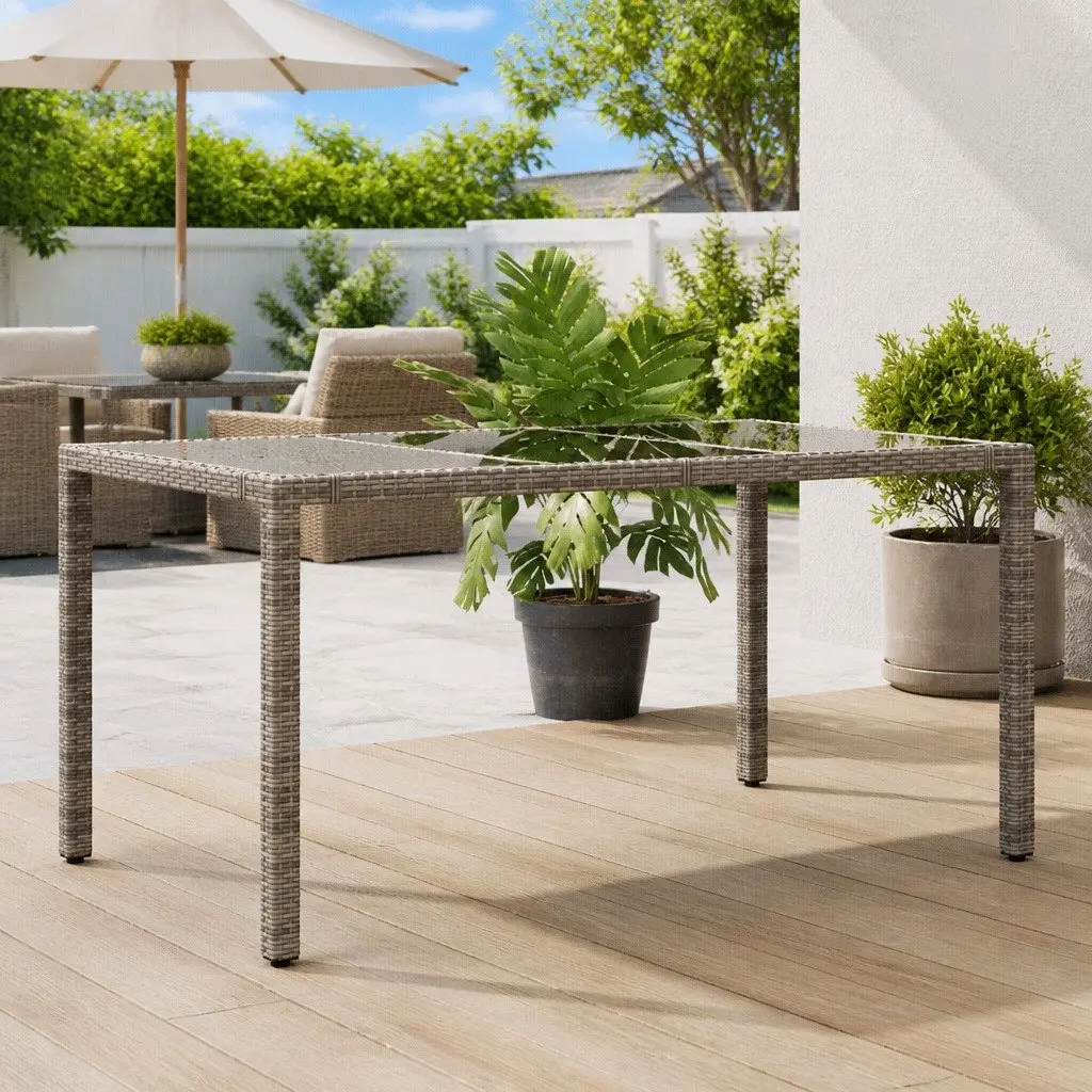 Garden Table 150x90x75cm Glass Top Grey Poly Rattan