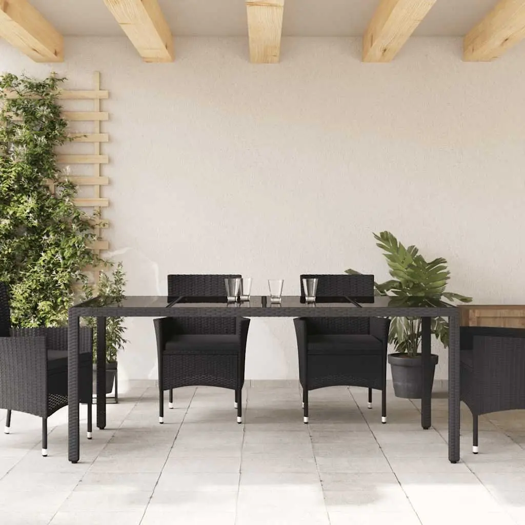 Garden Table 190 x 90 cm Tempered Glass Top Black Poly Rattan Outdoor Patio Furniture