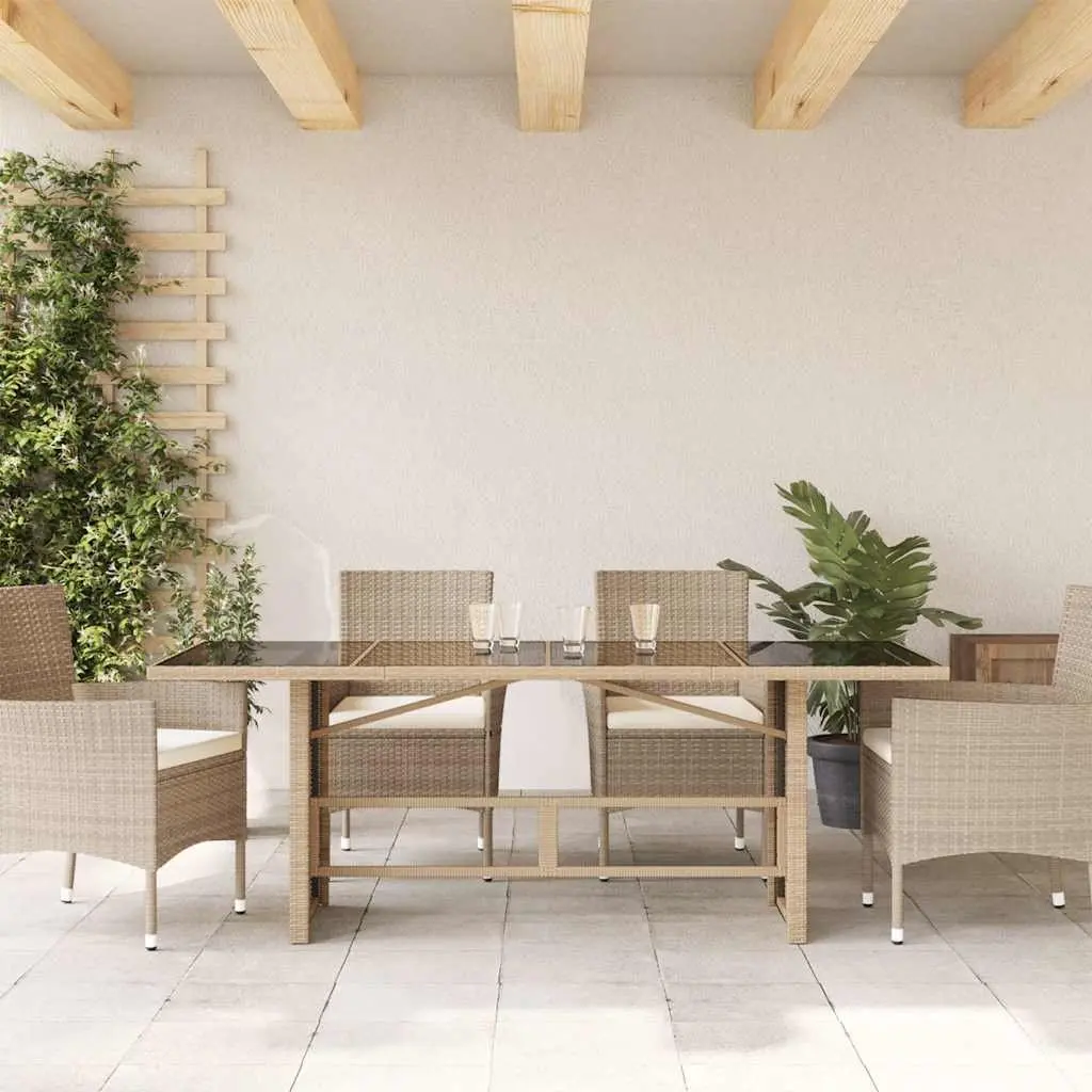 Garden Table 190x80x75cm Glass Top Beige Durable Poly Rattan Outdoor Furniture