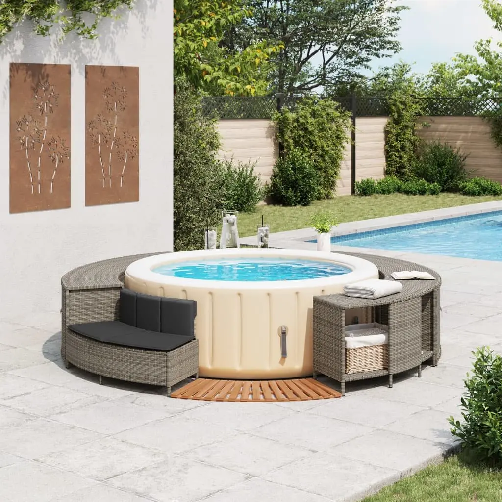 Hot Tub Surround Grey Poly Rattan Multifunctional Storage Rack Step Garden Bench Outdoor