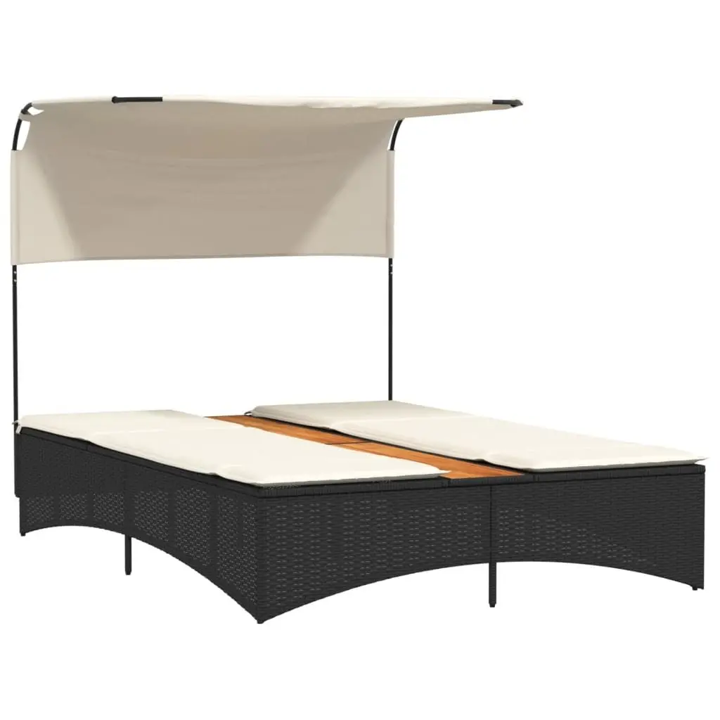 Double Sun Lounger Outdoor Garden Furniture Canopy Adjustable Backrests Black Poly Rattan