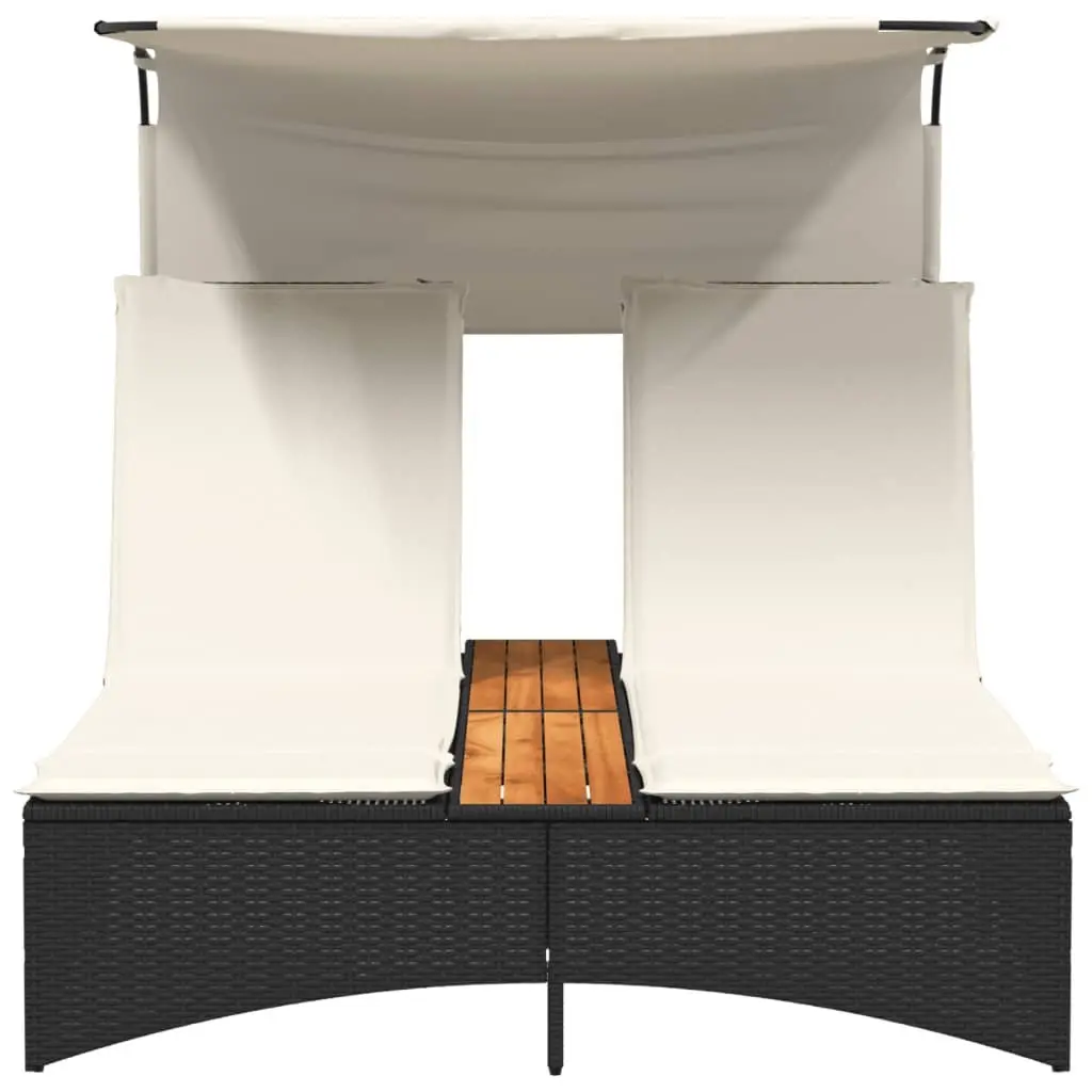 Double Sun Lounger Outdoor Garden Furniture Canopy Adjustable Backrests Black Poly Rattan